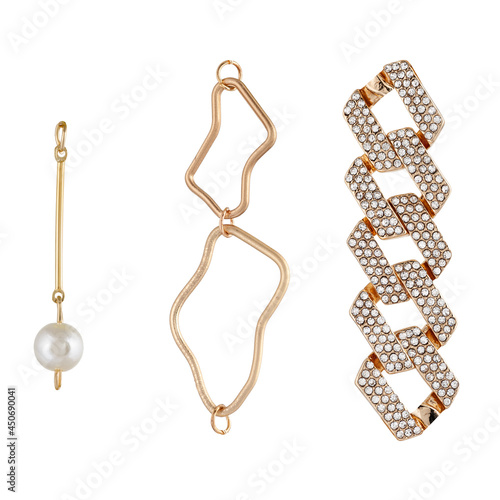 A set of pendants made of gold with stones and pearls, Pattern and parts for jewelry and bijouterie for designers and layouts. Isolated on white