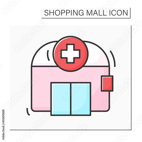 Pharmacy color icon. Conventional prescription filling, compounding, medical equipment, home delivery services. Shopping mall concept. Isolated vector illustration