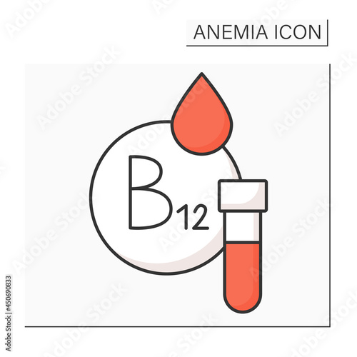 Test tube color icon. Vitamin B-12 testing. Blood analysis. Health protection. Anemia disease concept. Isolated vector illustration