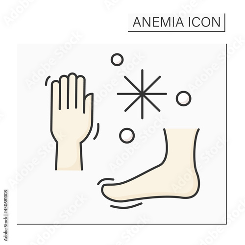 Anemia color icon. Disease symptoms. Cold hands and feet. Low hemoglobin. Health protection concept. Isolated vector illustration