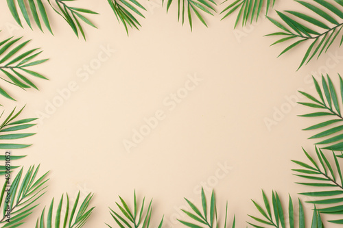 Pastel beige background with palm leaves. Flat lay, copy space.