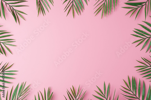 Pink background with palm leaves. Flat lay, copy space