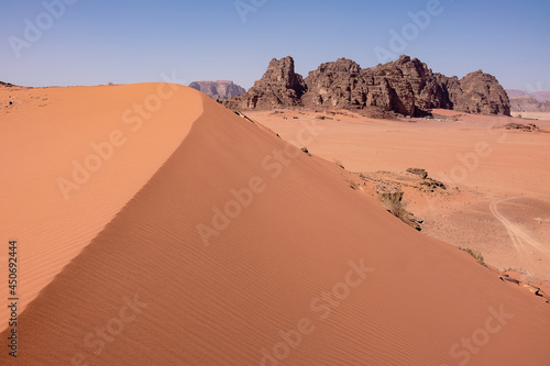 View of the sand dunes in the Wadi Rum desert Jordan.