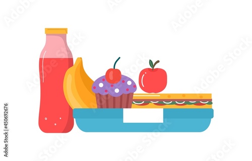 Set of  breakfast or lunch meals. Food, drinks for Children school lunch boxes with meal, cupcake, sandwich, juice, snacks, fruit, vegetables.Vector collection