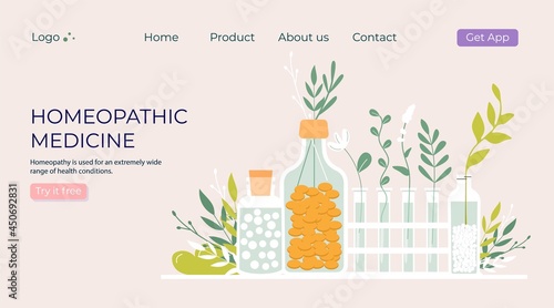 Green organic natural homeopathic pills in glass jars. Homeopathy treatment herbal alternative medicine, essential natural oil, herb pharmacy, food supplement. flat vector