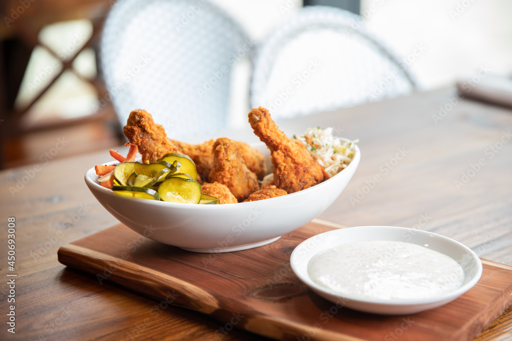 Fried Chicken in a Bowl with Sides - obrazy, fototapety, plakaty 