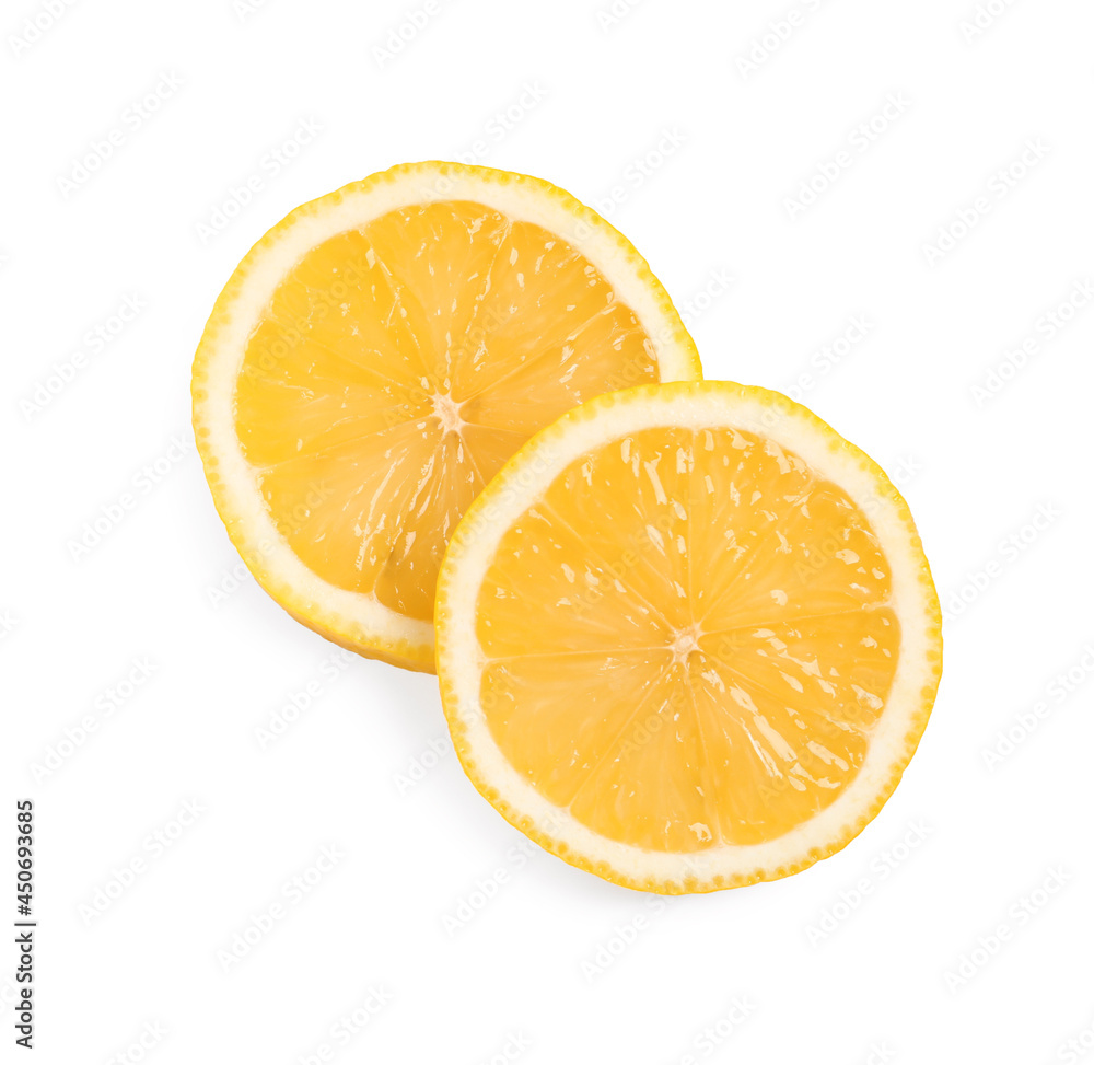 Slices of fresh lemon on white background, top view