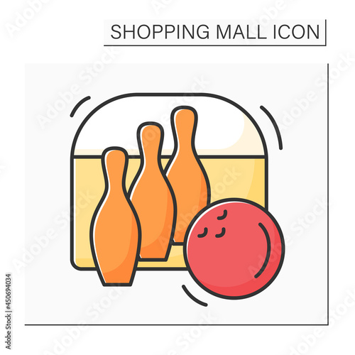 Bowling color icon. Entertainment area inside mall complex. Team lifetime sport game. Fun time with friends. Shopping mall concept. Isolated vector illustration