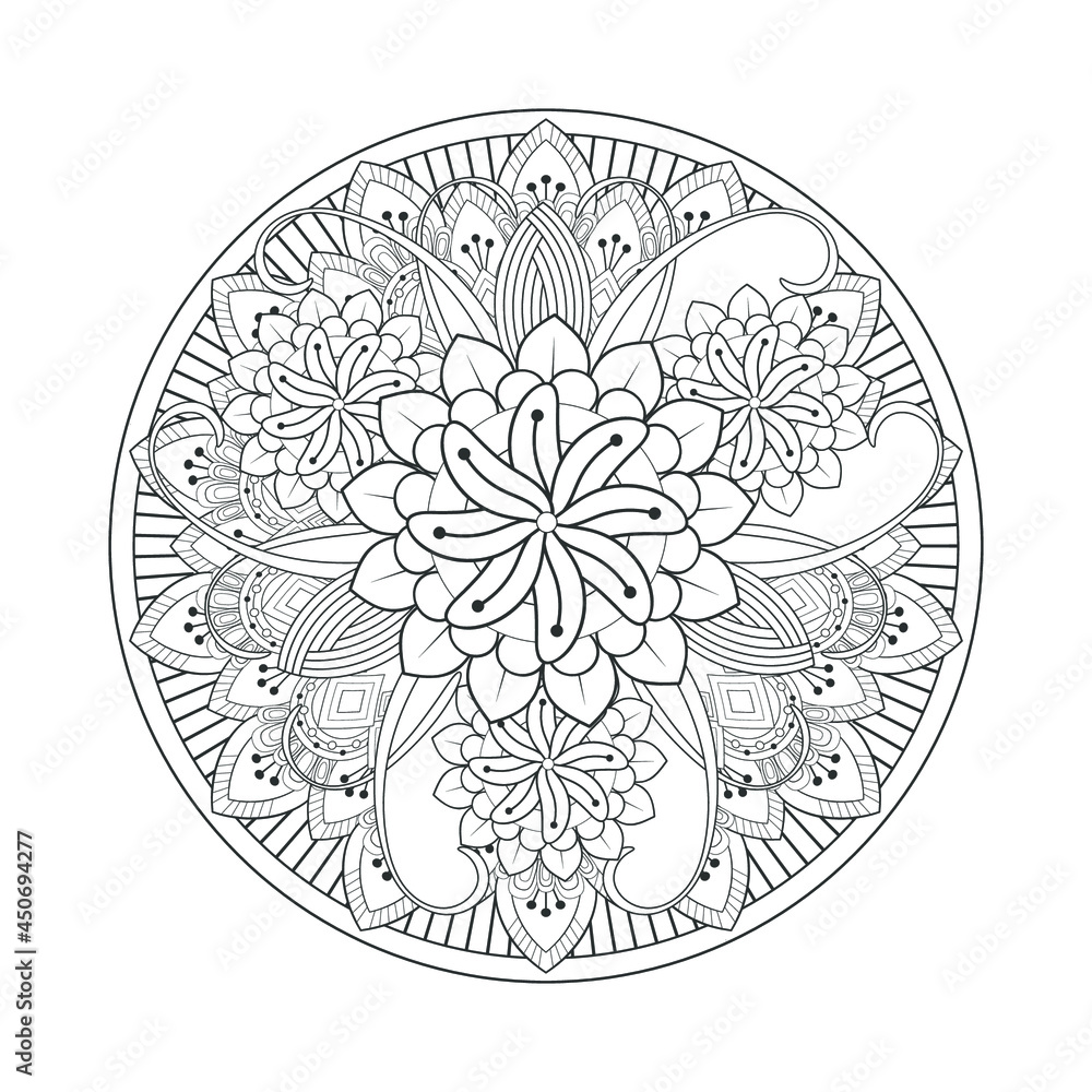 Fototapeta premium Printable Doodle flowers in monochrome for coloring page, cover, wedding invitation, greeting card, wall art isolated on white background. Hand drawn sketch for an adult anti stress coloring page.