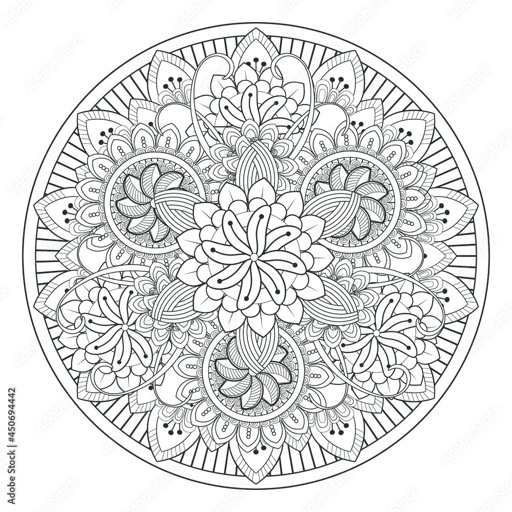 Fototapeta premium Printable Doodle flowers in monochrome for coloring page, cover, wedding invitation, greeting card, wall art isolated on white background. Hand drawn sketch for an adult anti stress coloring page.
