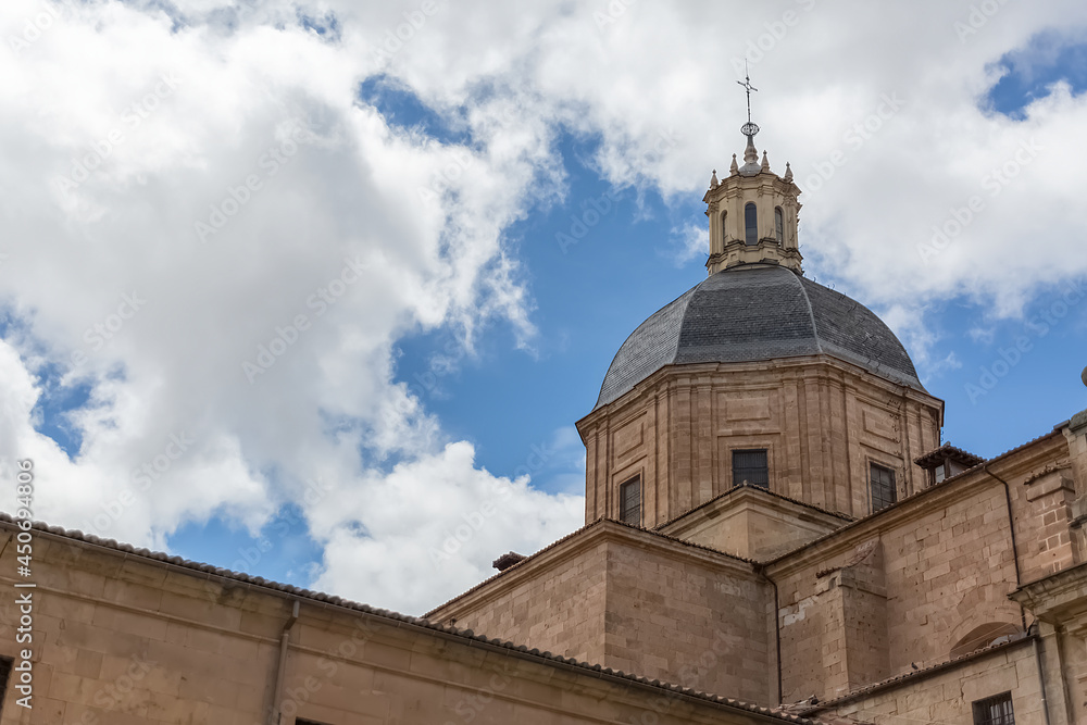 View at the amazing classic cupola dome at the Convent at the Agustinas and Purísima Church, a barroque catholic temple in Salamanca downtown city