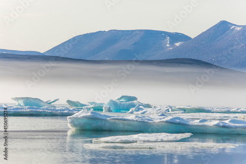 Icebergs and rugged mountains, Baffin Island, Canada. photo