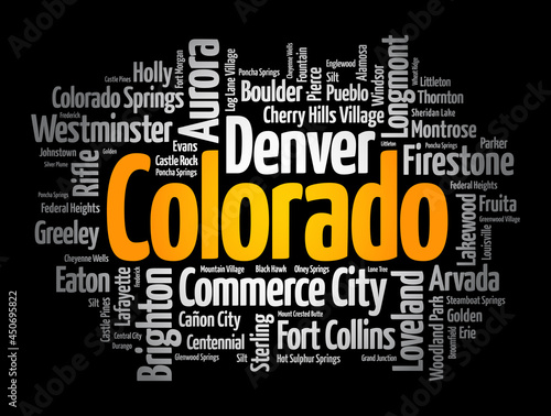 List of cities in Colorado USA state, word cloud concept background