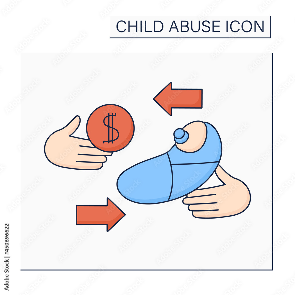 Child trafficking color icon. Children exploited, forced to work, sold