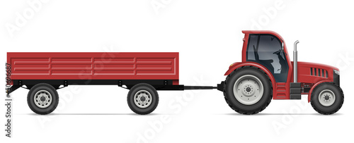 Tractor with trailer vector illustration view from side. Agricultural vehicle mockup isolated on white background. All elements in the groups for easy editing and recolor