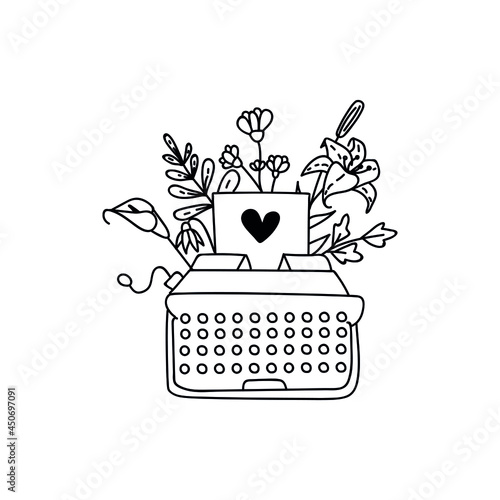 Single hand drawn typewriter is decorated with flowers and leaves. Doodle vector illustration. Isolated on a white background.