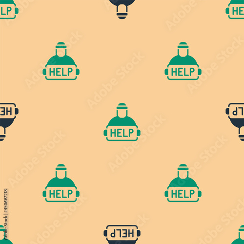 Green and black Man with cardboard on the city street is asking for help icon isolated seamless pattern on beige background. Poor homeless beggar. Homelessness problem. Vector