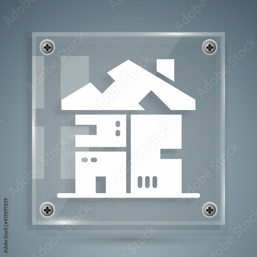 White Homeless cardboard house icon isolated on grey background. Square glass panels. Vector