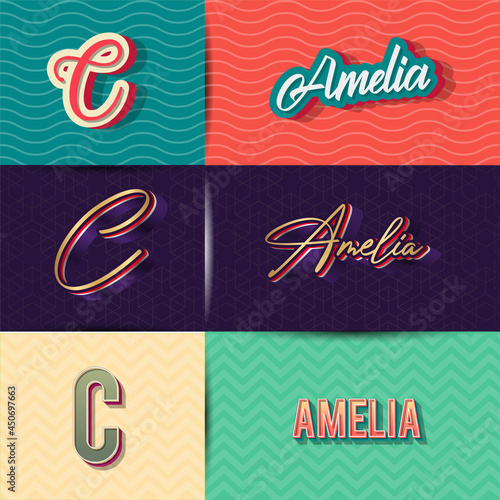 name Amelia in various Retro graphic design elements, set of vector Retro Typography graphic design illustration photo