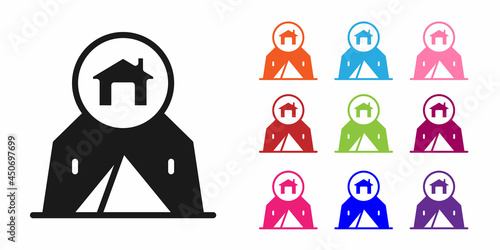 Black Tourist tent icon isolated on white background. Camping symbol. Set icons colorful. Vector
