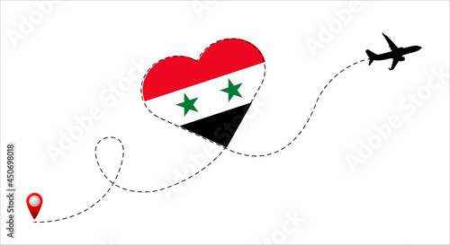 Airplane flight route with Syrian Arab Republic flag inside the heart.