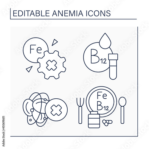 Anemia line icons set. Inability to absorb iron. Vitamin B-12 testing, blood hemophilia, diet. Health protection concept. Isolated vector illustration. Editable stroke