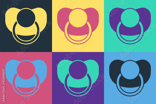 Pop art Baby dummy pacifier icon isolated on color background. Toy of a child. Vector