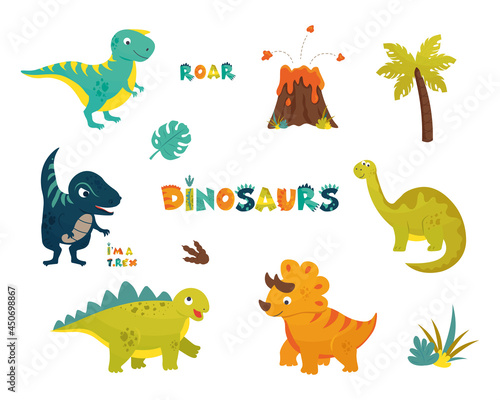 Cartoon dino vector illustration set. Cute dinosaur, funny ancient dinosaurs and monsters. Comic jurassic period animal and prehistoric reptile stegosaurus brachiosaurus, trex and pterosaurs.