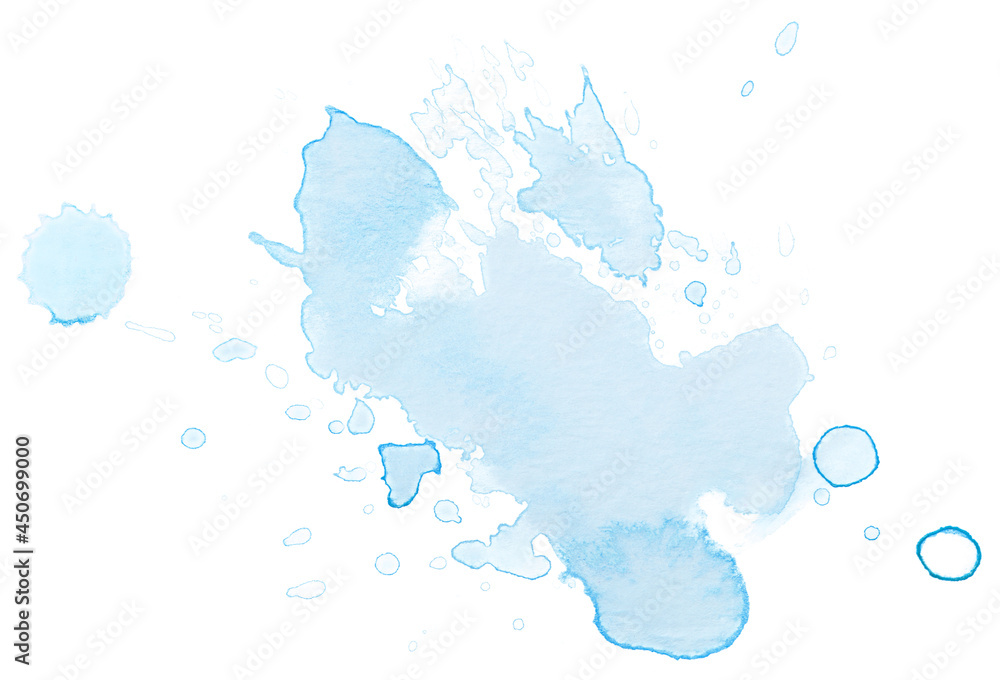 Watercolor spot light blue with paint splashes on paper. Isolated on white element for design.