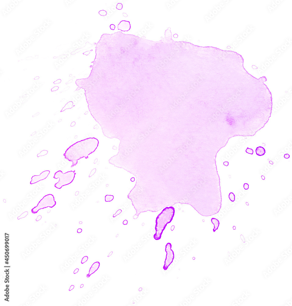 Light pink watercolor spot with paint splashes on paper. Isolated element for design.