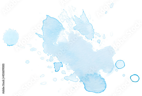 Watercolor spot light blue with paint splashes on paper. Isolated on white element for design.