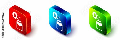 Isometric Breast pump icon isolated on white background. Red, blue and green square button. Vector