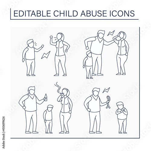 Child abuse line icons set.Physical and emotional harm. Parental substance use, relationship difficulties. Crime concept. Isolated vector illustration. Editable stroke