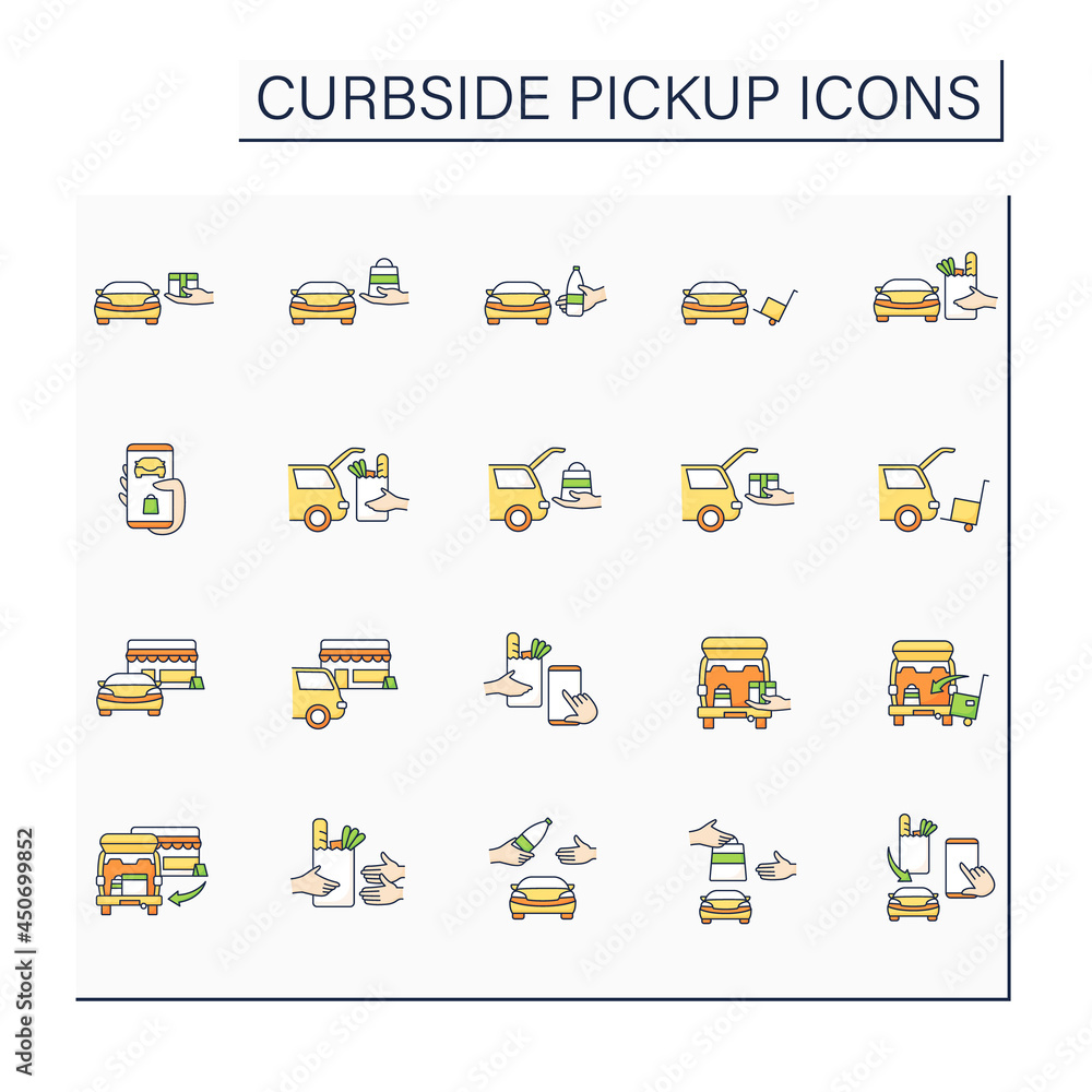 Curbside pickup color icons set. Contactless parcel obtaining. Safe way to pick up orders from restaurants, stores.Courier delivery. Shopping concept. Isolated vector illustrations - obrazy, fototapety, plakaty 