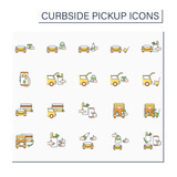 Curbside pickup color icons set. Contactless parcel obtaining. Safe way to pick up orders from restaurants, stores.Courier delivery. Shopping concept. Isolated vector illustrations