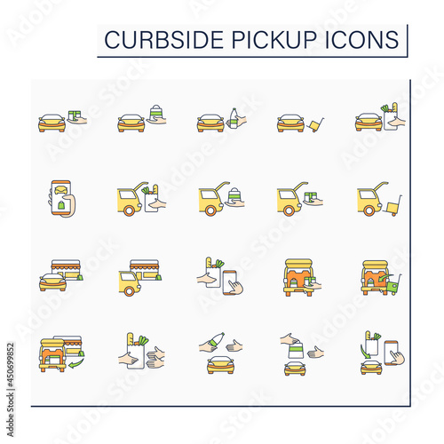 Curbside pickup color icons set. Contactless parcel obtaining. Safe way to pick up orders from restaurants, stores.Courier delivery. Shopping concept. Isolated vector illustrations