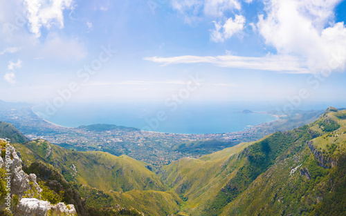 Obraz na plátně Cima del Redentore (Latina, Italy) - The panoramic peak with religious statue in the Aurunci mountains, over Formia city and Tirreno sea, beside Petrella summit and San Michele Arcangelo hermitage