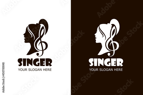icons with singing woman and treble clef isolated on white and black background