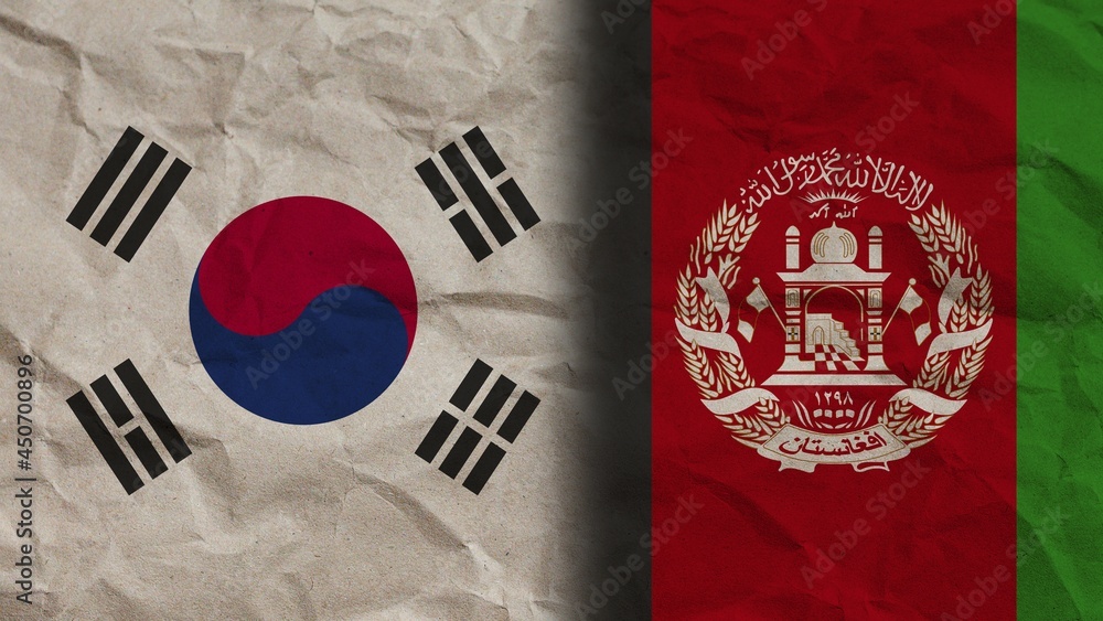 Afghanistan and South Korea Flags Together, Crumpled Paper Effect Background 3D Illustration
