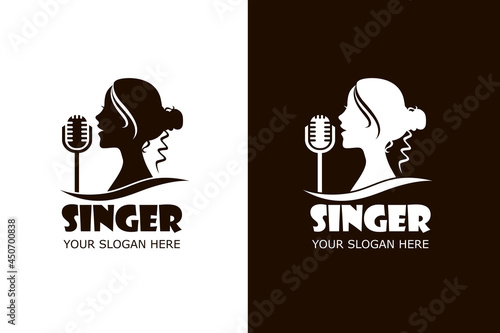 icons with singing woman and microphone isolated on white and black background