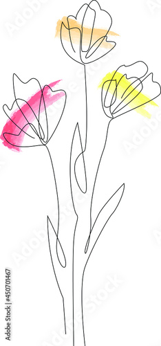 Collection of drawings of flowers with linear art on a white background. Vector hand illustration. One-line
