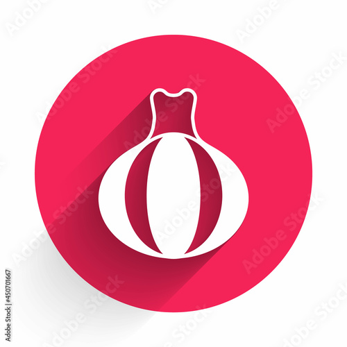 White Onion icon isolated with long shadow background. Red circle button. Vector