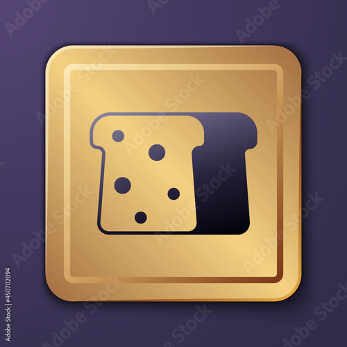 Purple Bread toast for sandwich piece of roasted crouton icon isolated on purple background. Lunch, dinner, breakfast snack. Gold square button. Vector