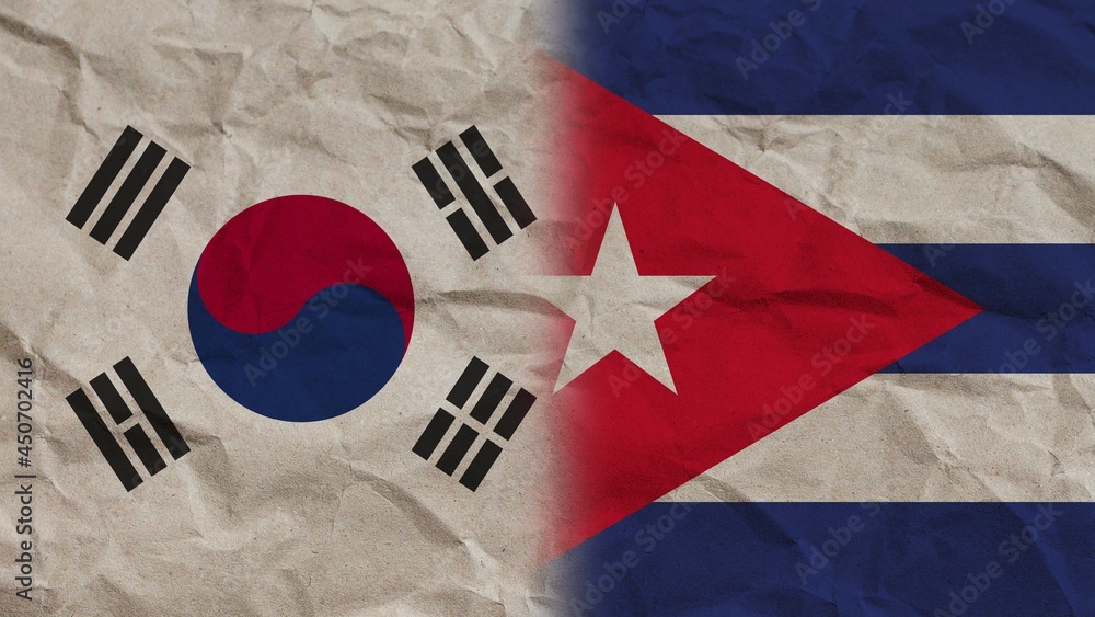 Cuba and South Korea Flags Together, Crumpled Paper Effect Background 3D Illustration