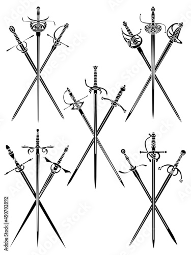 Set of simple monochrome vector images of three crossed epees and rapiers.