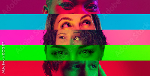 Collage of close-up male and female eyes isolated on colored neon backgorund. Multicolored stripes. Concept of equality, unification of all nations, ages and interests