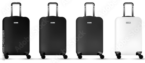 Suitcase white background. Silver plastic luggage or vacation baggage bag collection isolated. Copy space of summer vacation and business travel concept.
