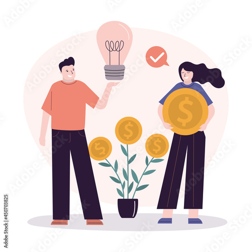 Male worker proposes idea. Business woman invests finances in development and promotion of idea. Concept startup, investing to innovative idea and financial profit