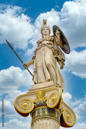 Statue Of Athena With Blue Sky And Clouds at Academy of Athens, Greece