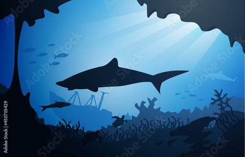 Fototapeta Naklejka Na Ścianę i Meble -  Shark Sunken Ship Wildlife Sea Animals Underwater Aquatic Illustration